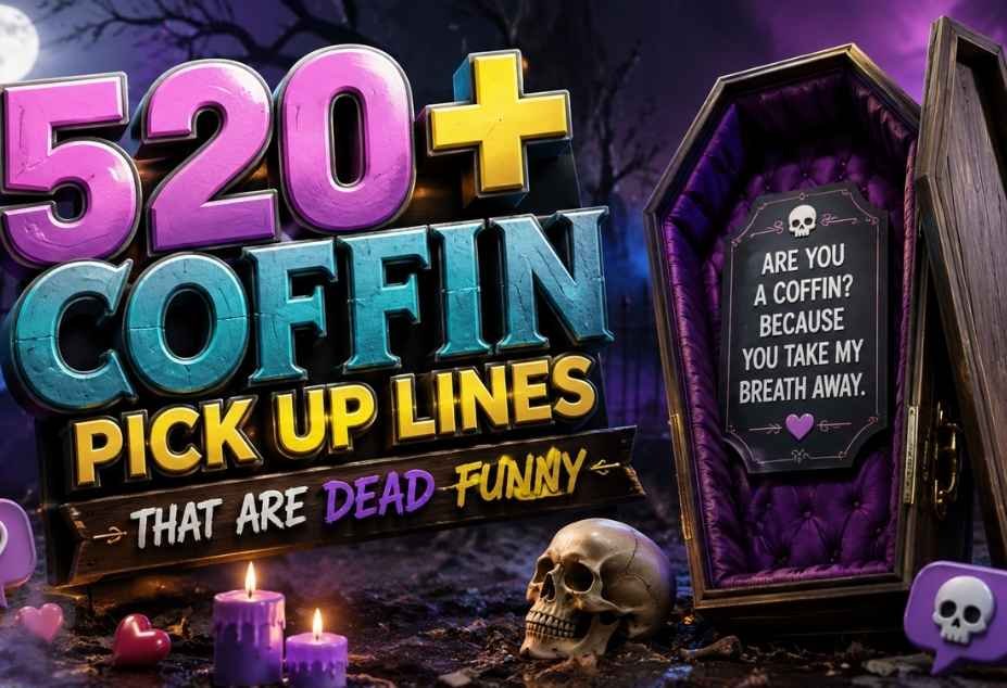 520+ Coffin Pickup Lines that are dead funny, featuring a coffin, skull, candles, hearts, and spooky 3D typography in a dark cemetery scene.
