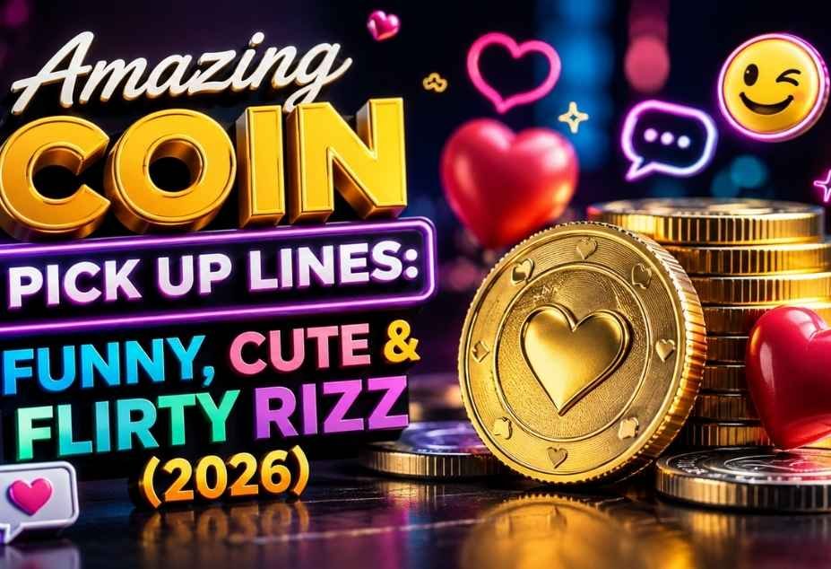 Amazing Coin Pickup Lines featuring shiny gold coins, hearts, and playful 3D text for funny, cute and flirty rizz in 2026.