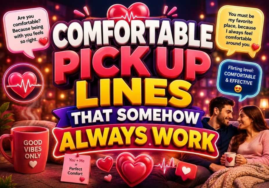 Comfortable Pick Up Lines That Somehow Always Work featuring bold 3D text, glowing heart and ECG icons, romantic speech bubbles, cozy couple, and warm lounge background.