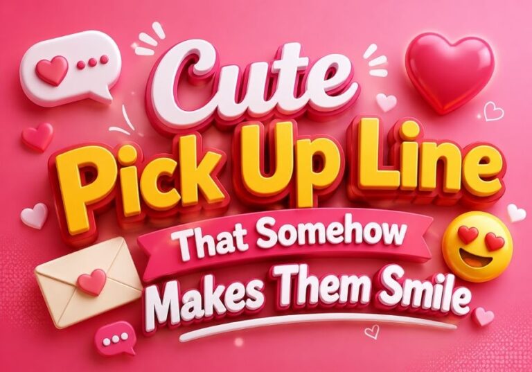 Cute pick up line 3D illustration with hearts, love emoji, speech bubbles, and romantic icons on a pink background.