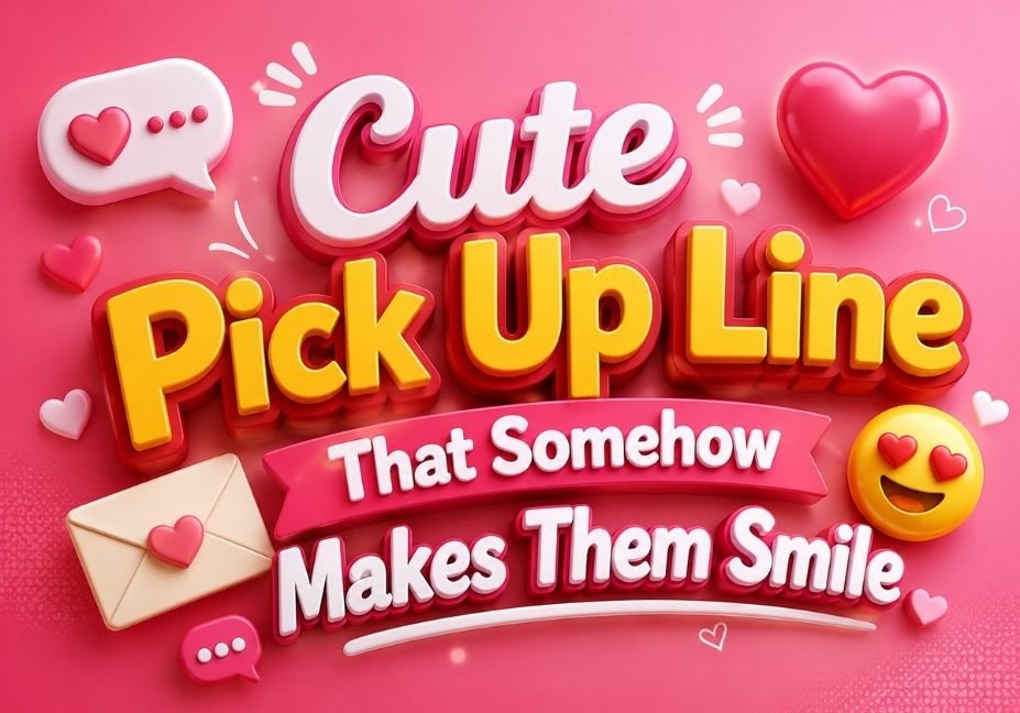 Cute pick up line 3D illustration with hearts, love emoji, speech bubbles, and romantic icons on a pink background.