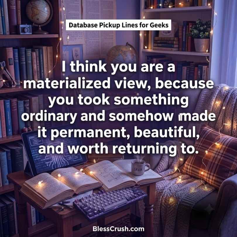 Database pick up lines for geeks using a materialized view metaphor