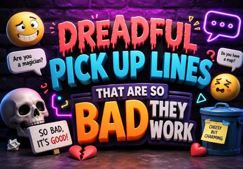 "Professional 3D thumbnail for Dreadful Pick Up Lines featuring bold colorful typography, funny emojis, skull icon, broken heart, chat bubbles, neon effects, and humorous dating-themed elements on a dark purple background."