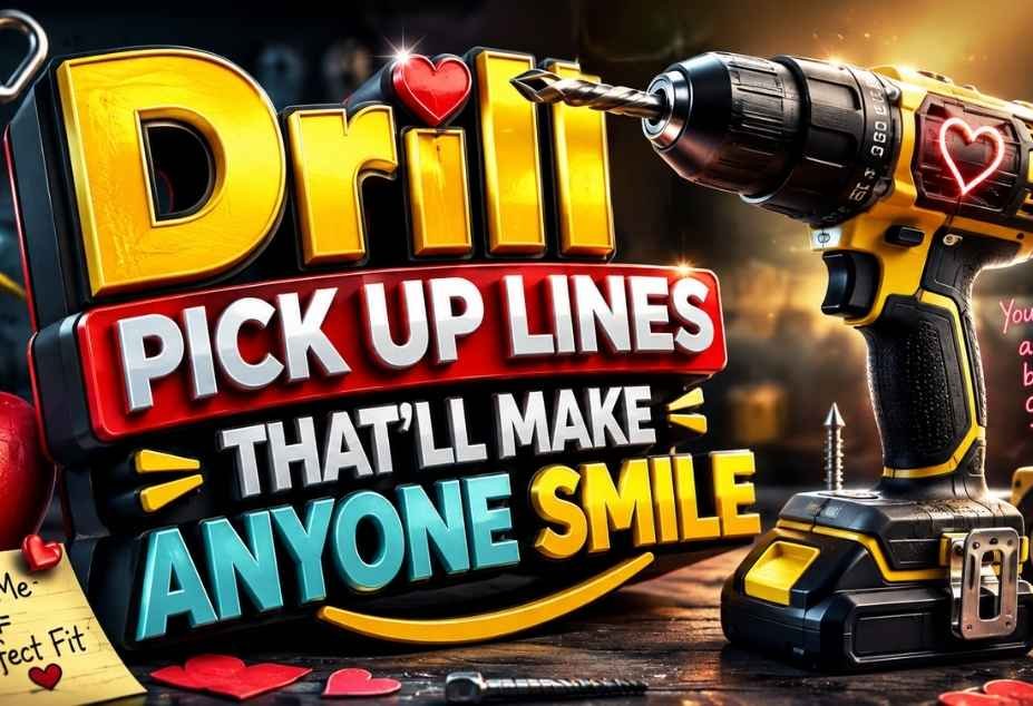Drill Pickup Lines that’ll make anyone smile, featuring a cordless power drill, colorful 3D typography, hearts, and playful DIY-themed icons.