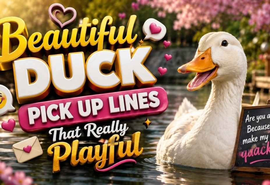 Beautiful Duck Pickup Lines featuring a playful white duck by a romantic pond with colorful 3D text, hearts, and fun pickup line icons.