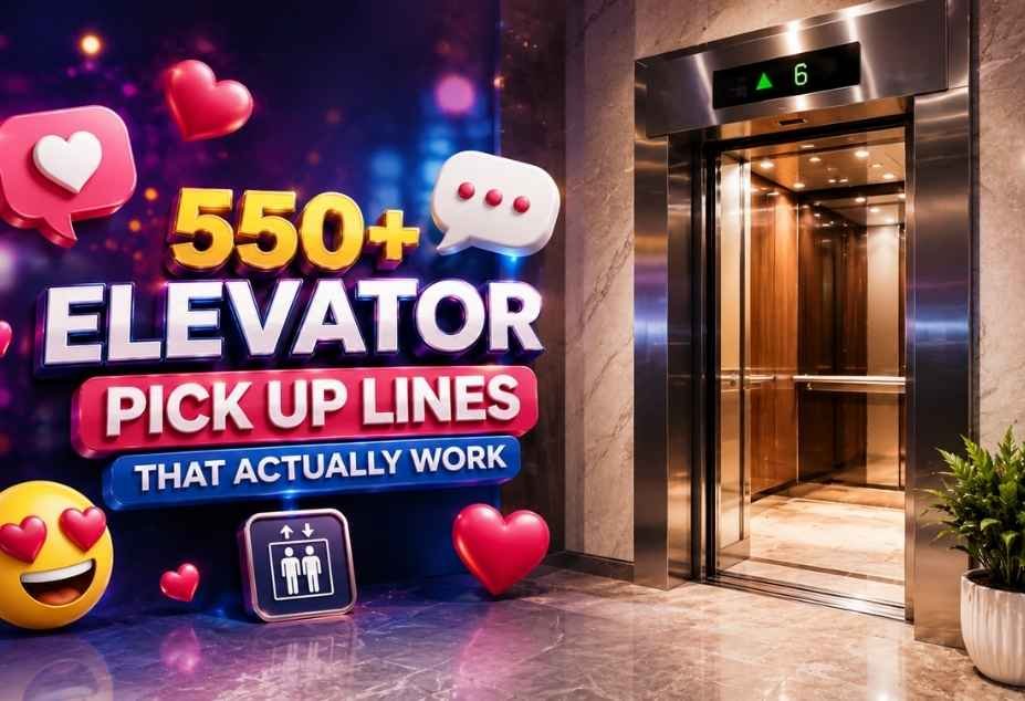 550+ Elevator Pickup Lines that actually work featuring a modern luxury elevator, colorful 3D text, hearts, chat icons, and playful romantic elements