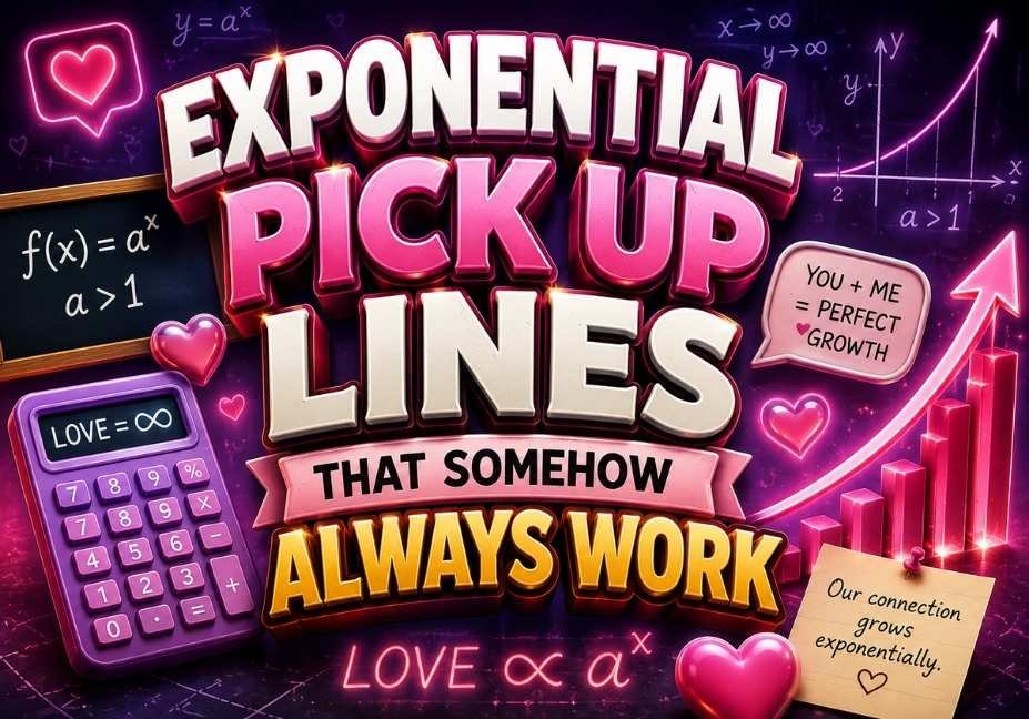 Exponential Pick Up Lines That Somehow Always Work with 3D text, calculator, exponential equations, graphs, hearts, and romantic math-themed icons.