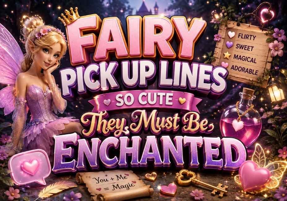 Fairy Pick Up Lines So Cute They Must Be Enchanted – whimsical fairy-themed romantic illustration with magical elements and 3D text.