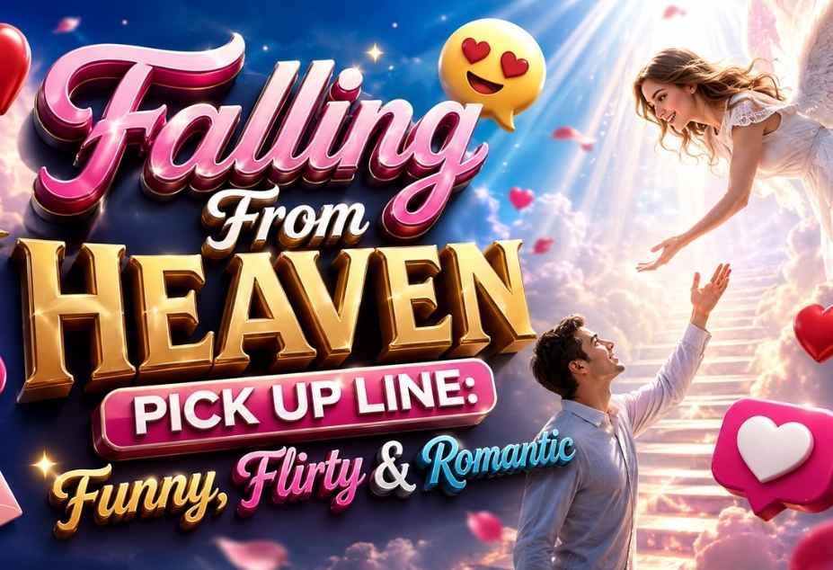 Falling From Heaven Pickup Lines – funny, flirty and romantic pickup lines with an angelic heaven-themed design, hearts, clouds, and 3D text.