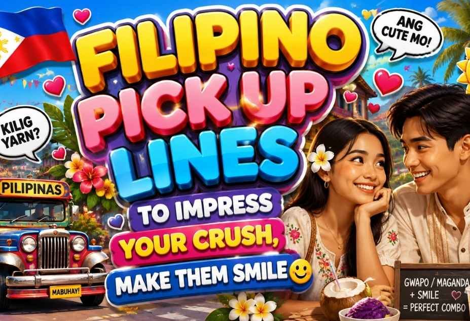 Filipino Pickup Lines — Vibrant Philippine-themed illustration with smiling Filipino couple, colorful jeepney, tropical scenery, hearts, and 3D text for Filipino pickup lines.
