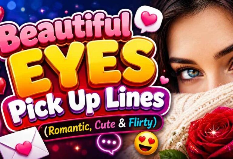 Beautiful Eyes Pickup Lines thumbnail featuring captivating blue eyes, romantic hearts, a red rose, and colorful 3D typography.