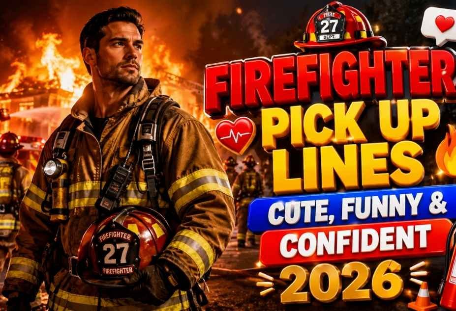 Firefighter Pickup Lines – confident firefighter in uniform with helmet standing beside a blazing fire and rescue team