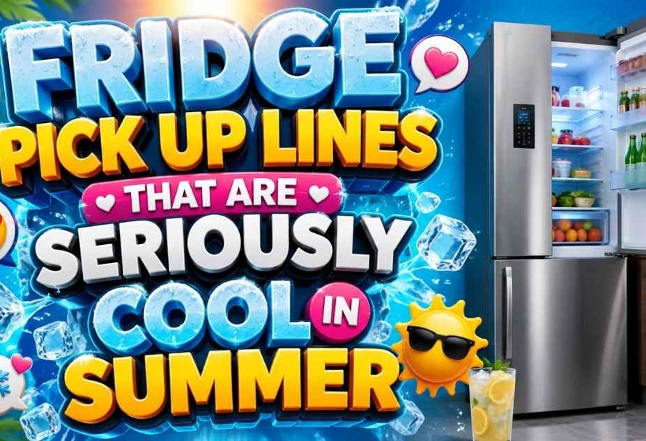 Fridge Pickup Lines thumbnail with a modern refrigerator and cool summer theme