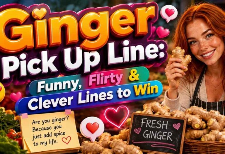 Ginger Pickup Lines featuring fresh ginger root, colorful 3D text, playful hearts, and funny flirty clever pickup line theme.