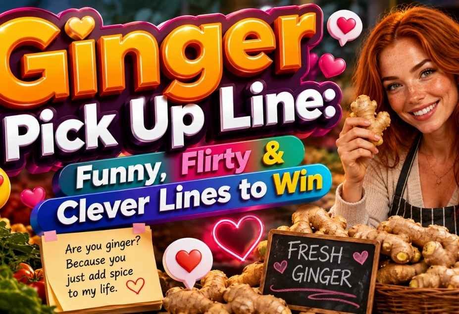 Ginger Pickup Lines featuring fresh ginger root, colorful 3D text, playful hearts, and funny flirty clever pickup line theme.