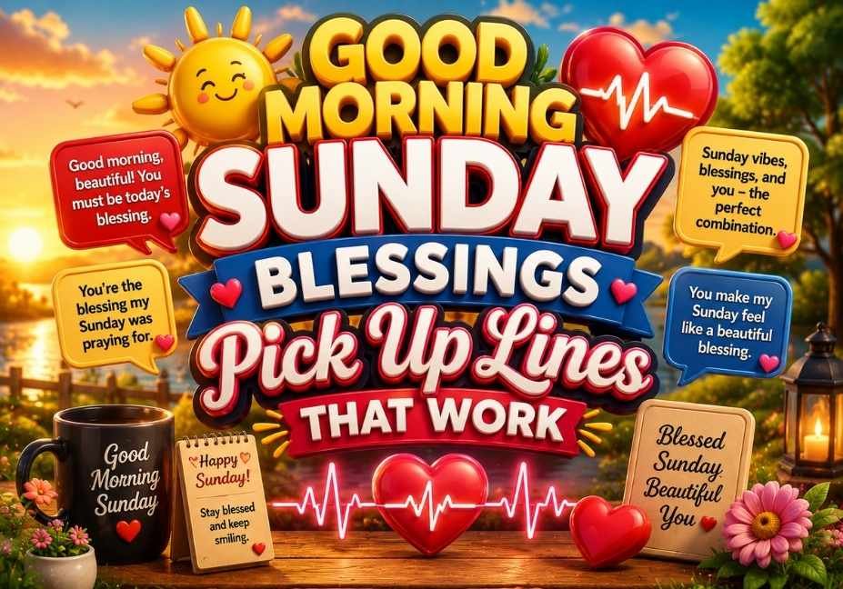 Good Morning Sunday Blessings Pick Up Lines That Work featuring colorful 3D text, glowing heart and ECG icons, Sunday morning scenery, flowers, coffee mug, and blessing-themed speech bubbles.