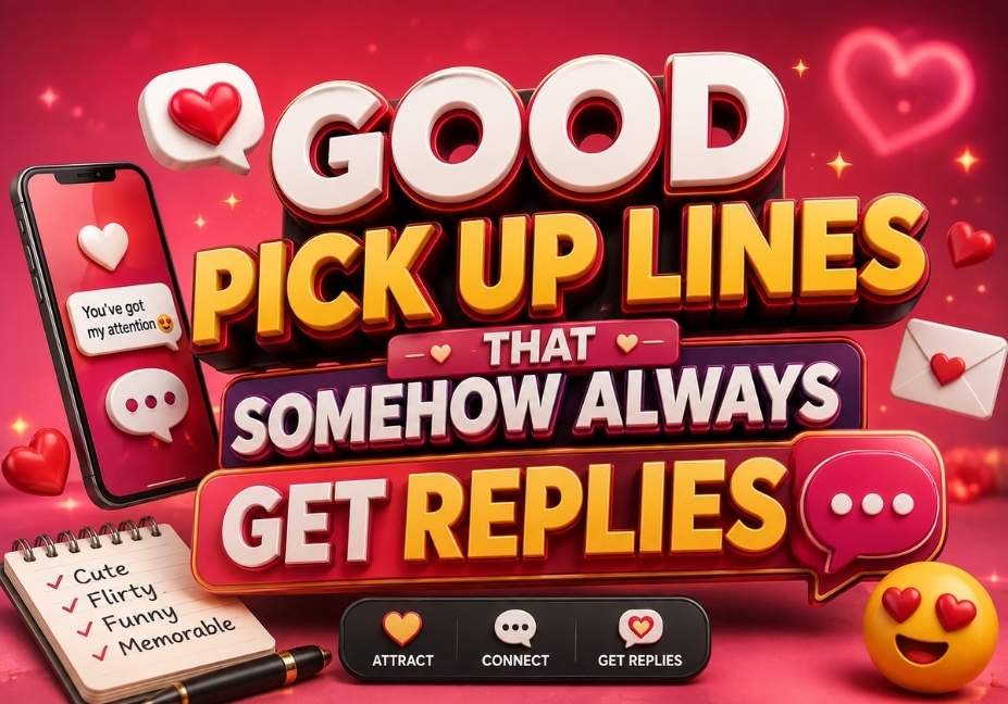 Good Pick Up Lines That Somehow Always Get Replies – Romantic 3D-themed illustration with hearts and playful dating icons.