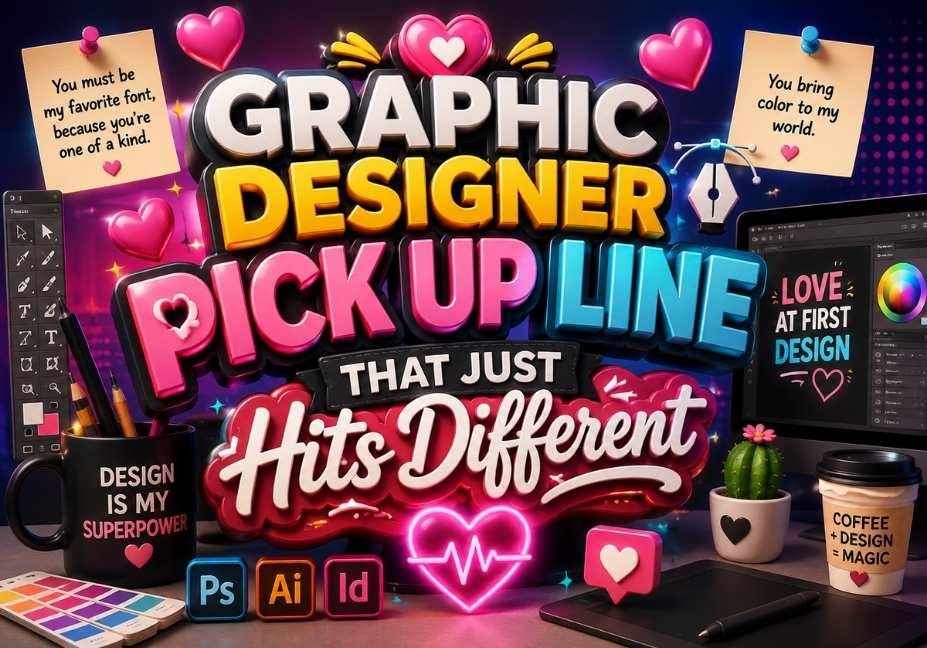 Graphic Designer Pick Up Line That Just Hits Different featuring colorful 3D typography, heart icons, graphic design tools, color swatches, digital design screens, and a creative studio background.