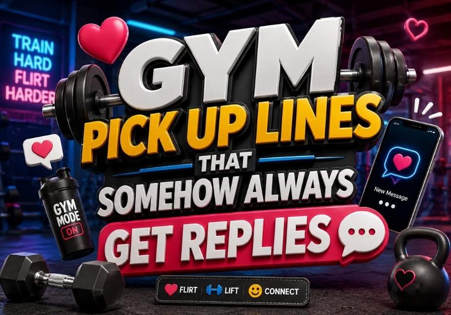 Gym Pick Up Lines That Somehow Always Get Replies featuring 3D dumbbells, gym equipment, hearts, chat icons, and a fitness-themed background.