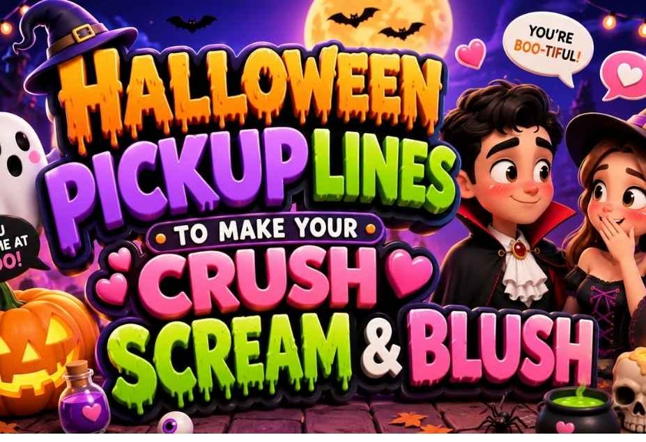 Halloween Pickup Lines colorful 3D cartoon graphic with pumpkins, ghosts, bats, and flirty Halloween couple.