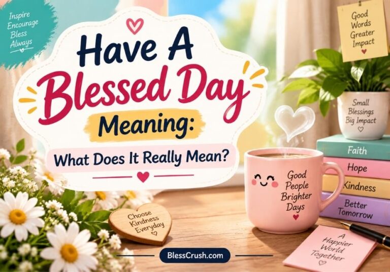 Have A Blessed Day Meaning — inspirational featured image with a peaceful morning scene, coffee, flowers, and a message explaining the deeper meaning of having a blessed day
