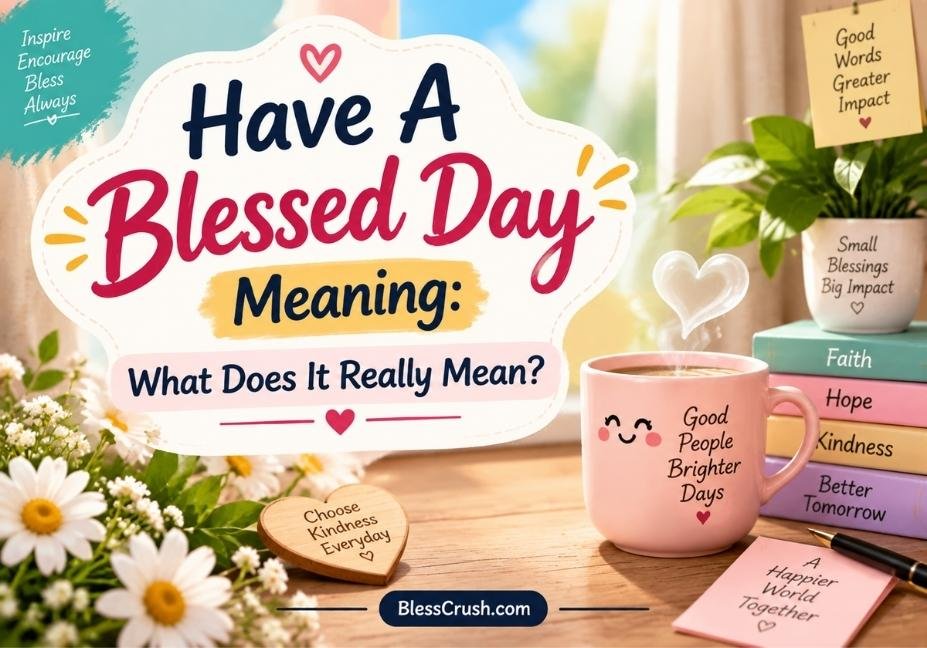 Have A Blessed Day Meaning — inspirational featured image with a peaceful morning scene, coffee, flowers, and a message explaining the deeper meaning of having a blessed day