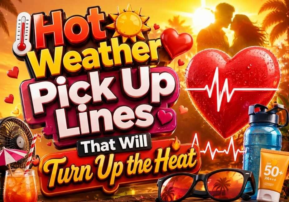 Hot Weather Pick Up Lines That Will Turn Up the Heat with 3D text, romantic heart, ECG heartbeat, sunshine, thermometer, sunglasses, and summer icons.
