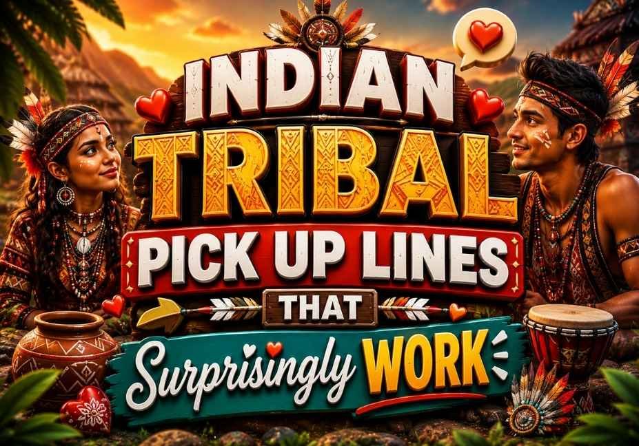 "Indian Tribal Pick Up Lines That Surprisingly Work – professional 3D featured image with colorful tribal-inspired background, hearts, feathers, drums, arrows, decorative icons, and bold typography for a romantic dating blog."