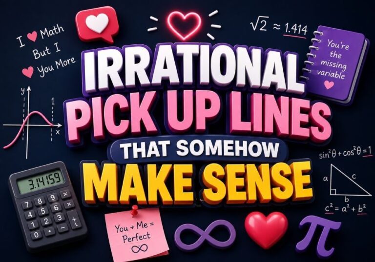 Irrational pick up lines 3D graphic with math symbols, hearts, calculator, formulas, and bold text “Irrational Pick Up Lines That Somehow Make Sense” on a professional dark background.