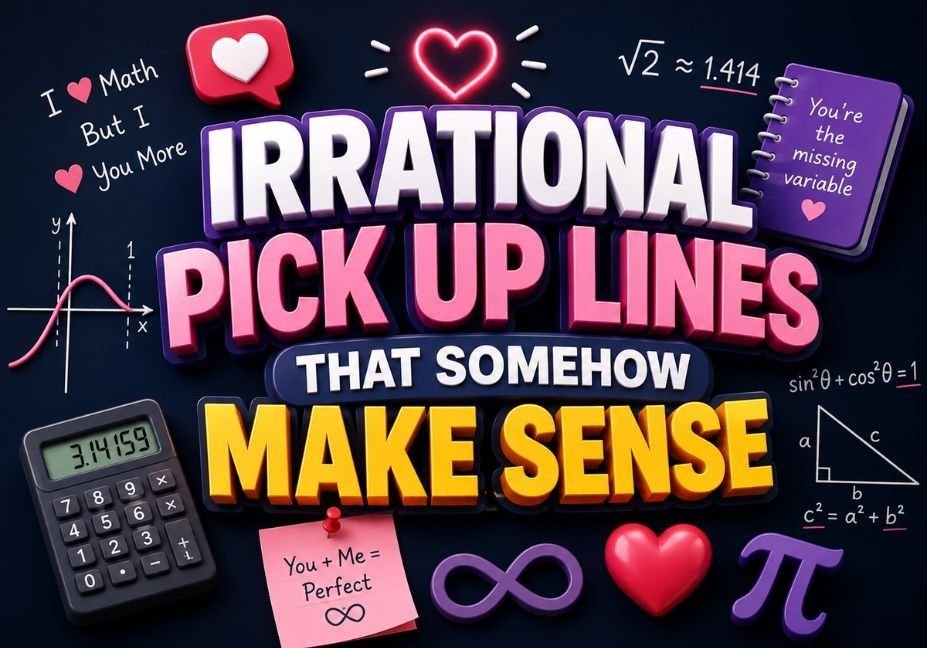 Irrational pick up lines 3D graphic with math symbols, hearts, calculator, formulas, and bold text “Irrational Pick Up Lines That Somehow Make Sense” on a professional dark background.