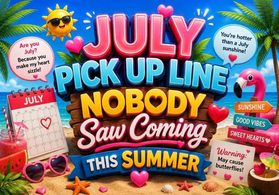 July Pick Up Line Nobody Saw Coming This Summer featuring colorful 3D text, romantic heart icons, tropical beach scenery, palm trees, flamingo, sunshine, and summer-themed elements.