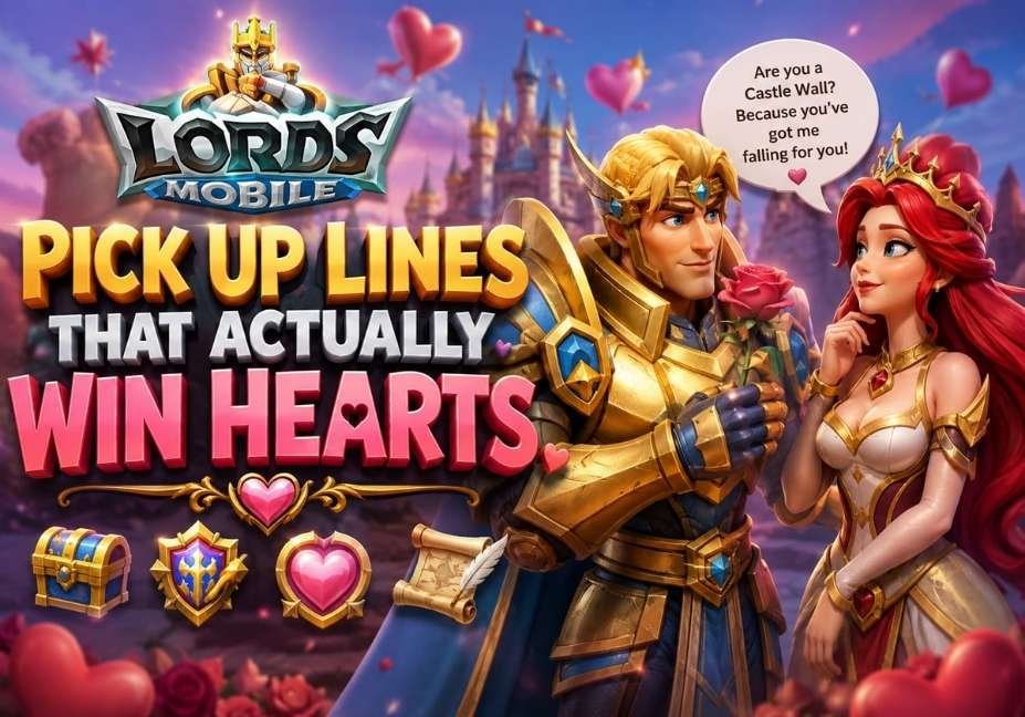 "Fantasy-inspired 3D illustration for 'Lords Mobile Pick Up Lines That Actually Win Hearts' featuring a heroic knight, beautiful princess, magical castle, romantic hearts, game-themed icons, and bold 3D title text in a vibrant gaming background."
