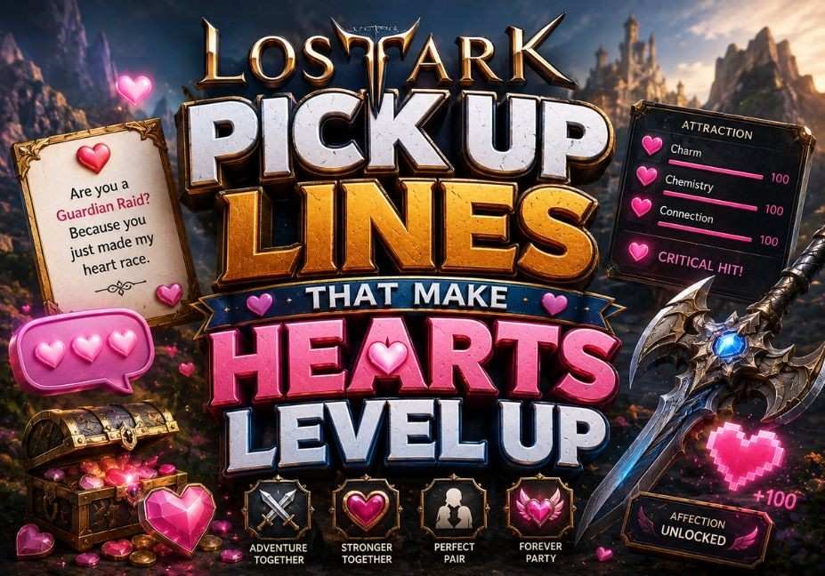 Lost Ark Pick Up Lines That Make Hearts Level Up – professional fantasy game-themed illustration with romantic gaming icons and 3D text.