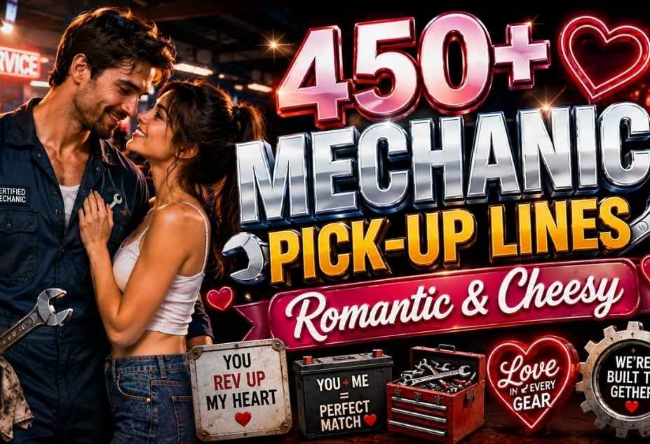 Mechanic Pickup Lines – romantic couple with a mechanic in an auto repair shop surrounded by tools, gears, wrenches, and car engine