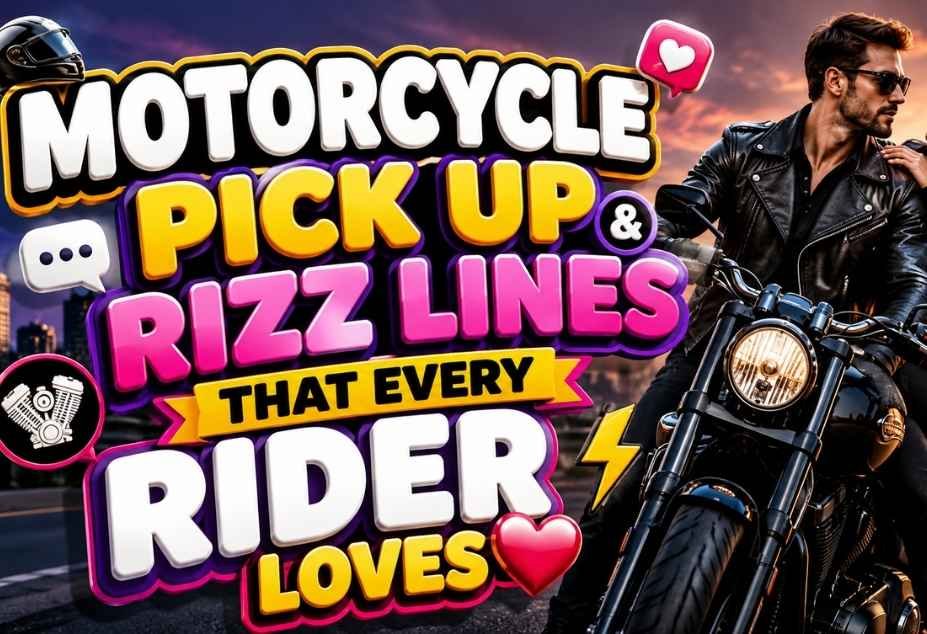 Motorcycle Pickup Lines featuring a stylish biker couple with a motorcycle and bold 3D typography