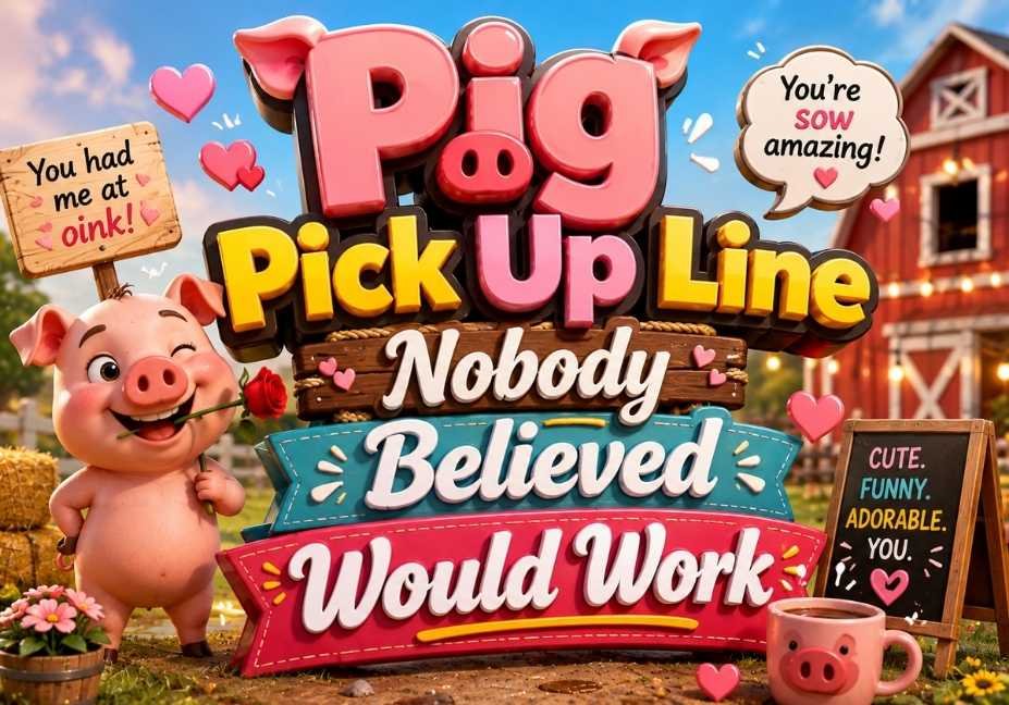 "Cute 3D pig pick up line illustration featuring a smiling pig holding a rose, red barn, hearts, flowers, hay bales, and bold typography for 'Pig Pick Up Line Nobody Believed Would Work' on a colorful farm background."