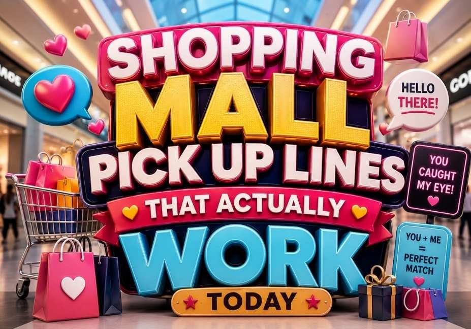 Shopping Mall Pick Up Lines That Actually Work Today – colorful 3D shopping mall scene with heart icons, shopping bags, escalator, gift boxes, and romantic theme for funny shopping mall pick up lines featured image