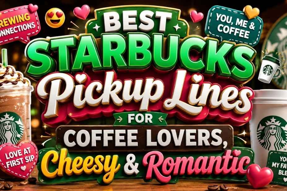 Best Starbuck Pickup Lines for coffee lovers - cheesy and romantic Starbucks quotes cover image with hearts and coffee cups
