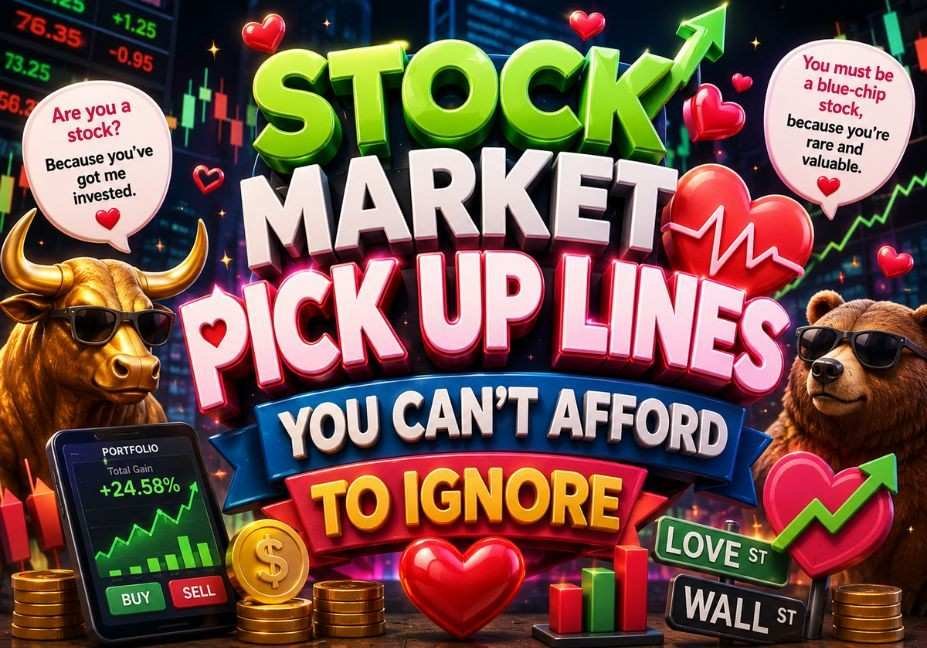 Stock Market Pick Up Lines You Can’t Afford to Ignore featuring 3D stock market text, heart icons, rising charts, bull and bear figures, coins, trading graphics, and romantic finance theme.