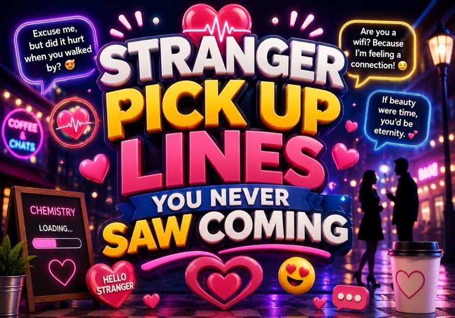 Stranger Pick Up Lines You Never Saw Coming featuring bold 3D text, glowing heart icons, ECG heartbeat graphics, romantic speech bubbles, and a neon city background.