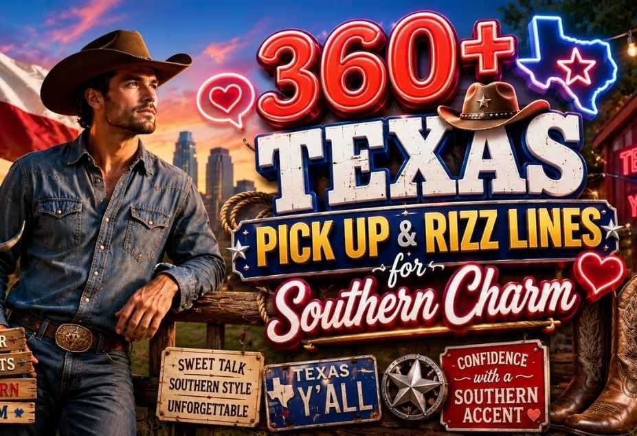 Texas Pickup Lines – cowboy in Texas with a cowboy hat, Texas flag, longhorn, Western boots, and Southern charm