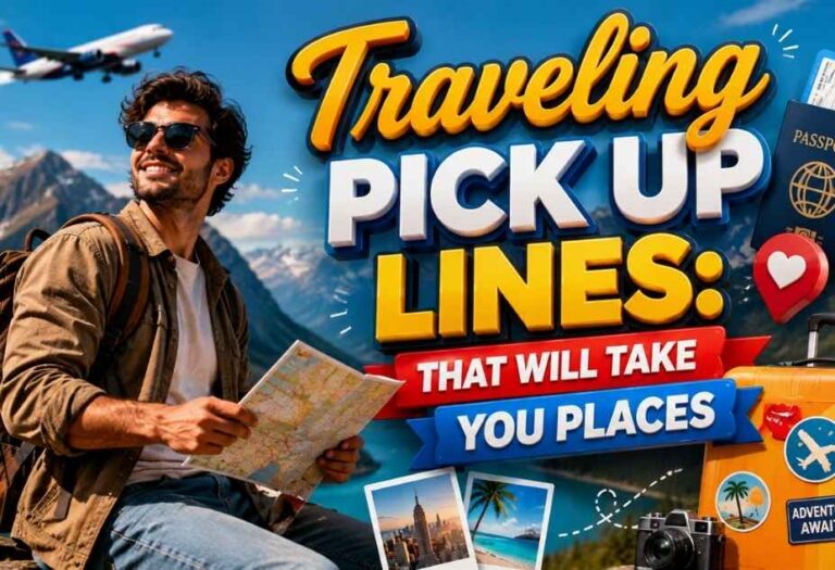 Traveling Pickup Lines – traveler with backpack holding a map beside mountains, airplane, passport, and suitcase