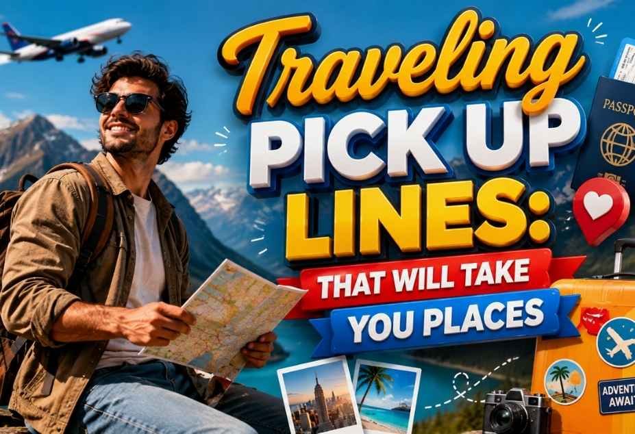 Traveling Pickup Lines – traveler with backpack holding a map beside mountains, airplane, passport, and suitcase