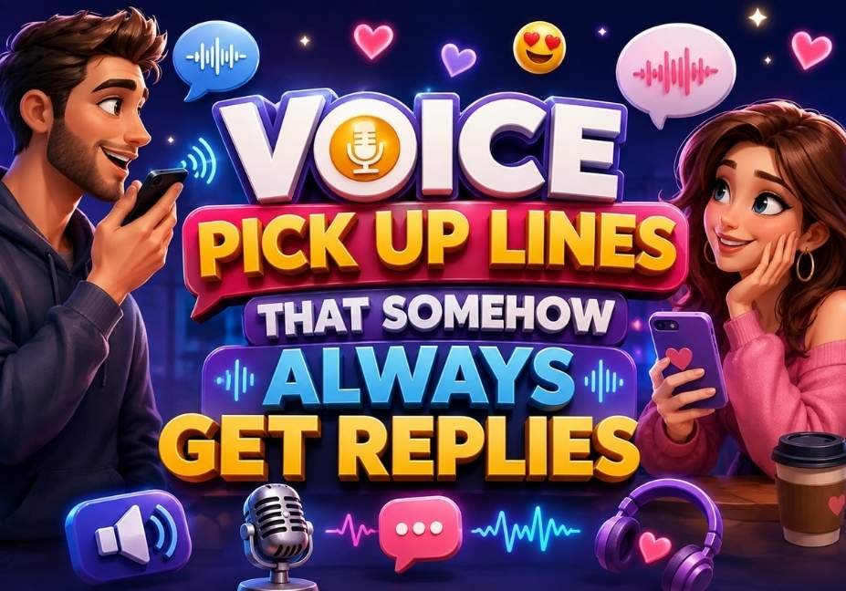 "Professional 3D illustration for 'Voice Pick Up Lines That Somehow Always Get Replies' featuring a man sending a voice message, a smiling woman with a smartphone, colorful microphones, sound waves, chat bubbles, headphones, heart icons, and bold 3D text on a vibrant romantic digital background."