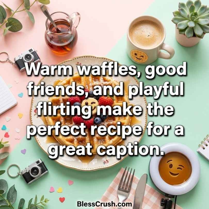 Waffle pick up lines quote about warm waffles and playful flirting with berry waffle on pink table