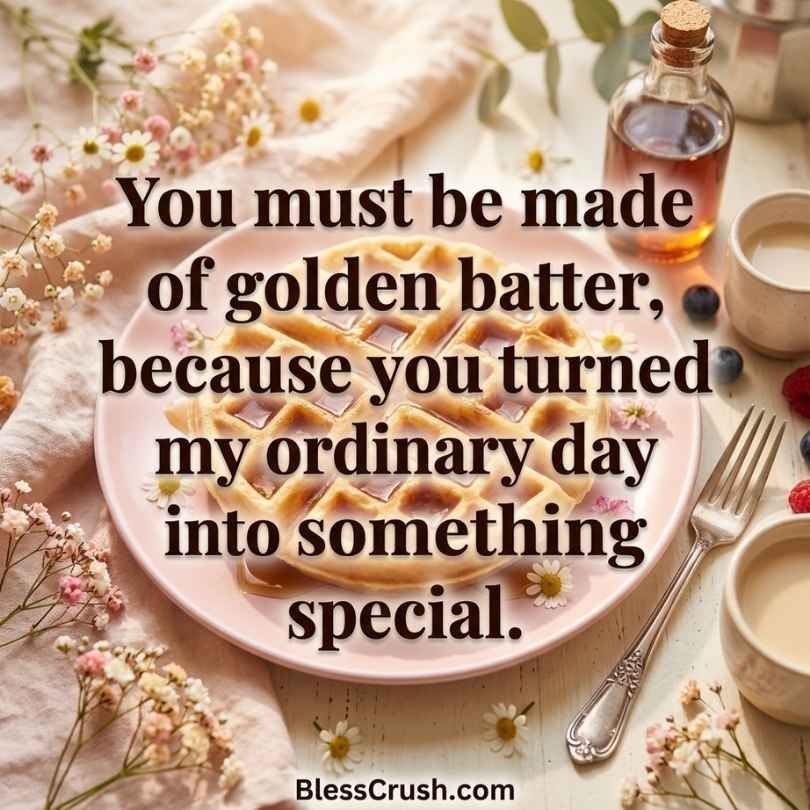 Cheesy waffle pick up lines about golden batter with pink plate waffle and flowers