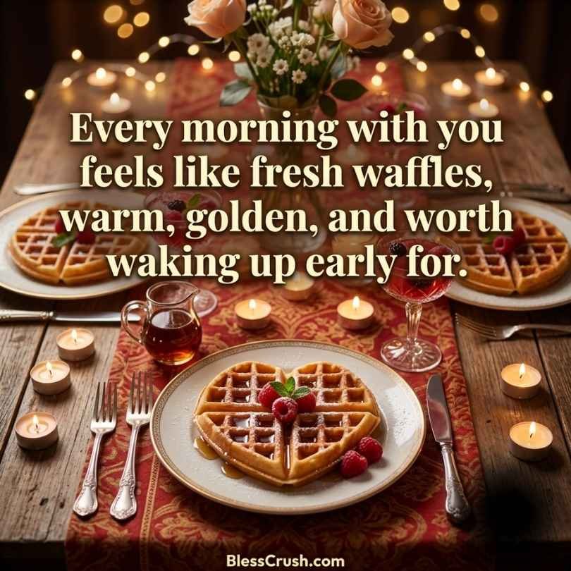 Valentine's waffle pick up lines quote with heart-shaped waffles and candlelit table setting