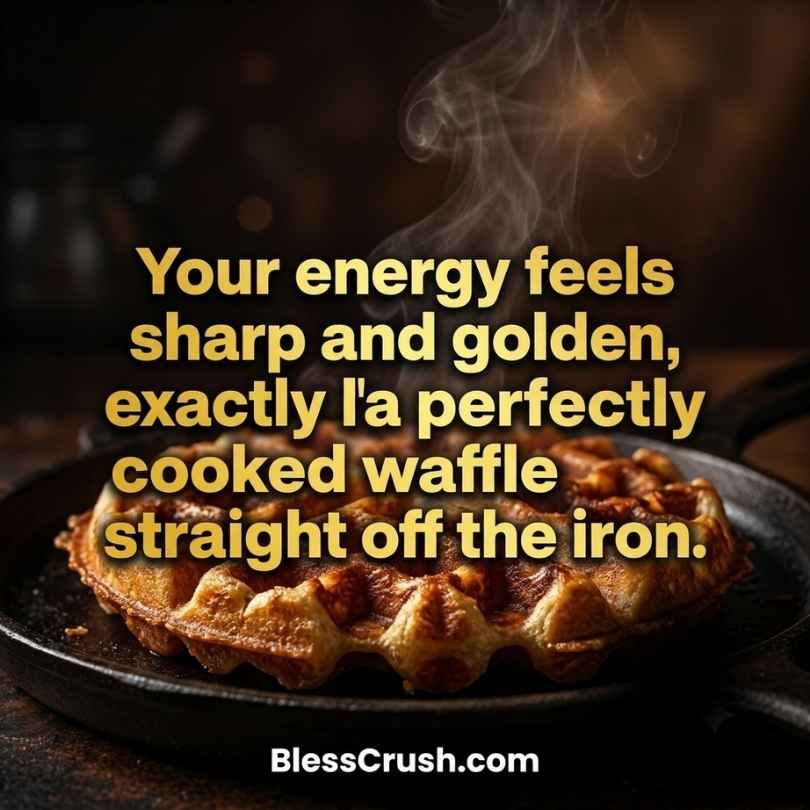 Waffle pick up lines about golden energy with a crispy waffle on cast iron skillet