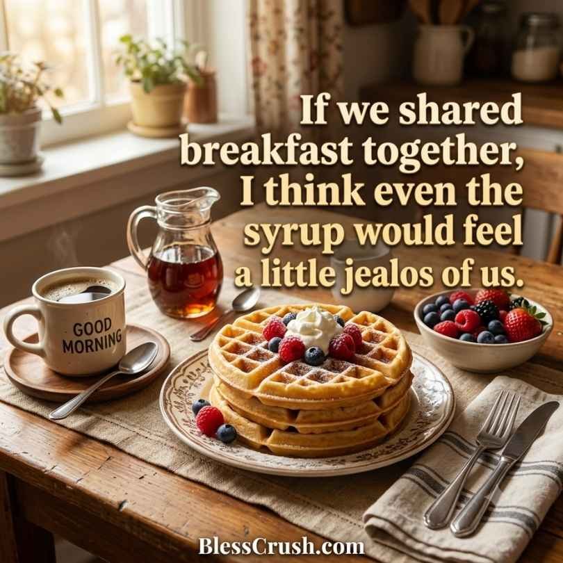 Romantic waffle pick up lines quote with stacked waffles, syrup, and coffee on rustic table
