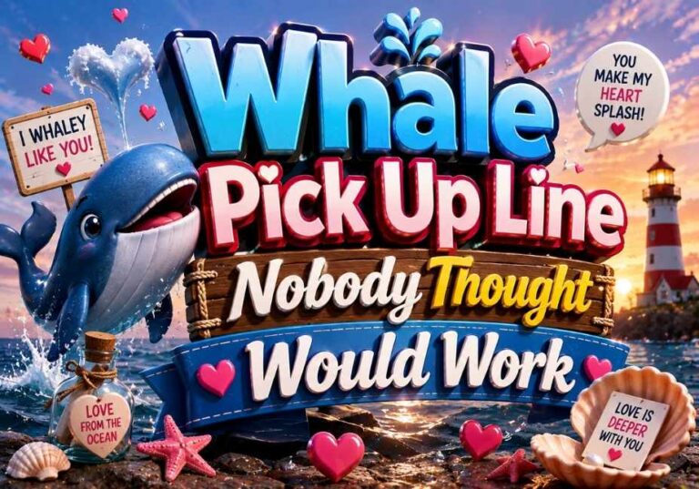 "Colorful 3D whale pick up line illustration featuring a smiling blue whale, lighthouse, ocean waves, seashells, starfish, hearts, and bold typography for 'Whale Pick Up Line Nobody Thought Would Work' on a vibrant seaside background."